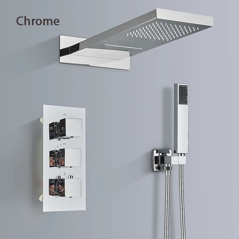 Ensemble de robinets de douche thermostatiques en or brossé, pomme de douche cascade de pluie avec m