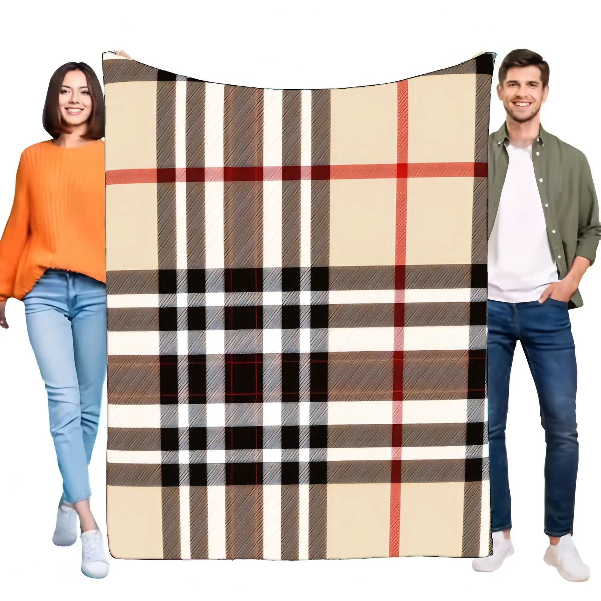 Couverture à carreaux classique avec base beige, motif à carreaux marron et rouge frappant, parfaite