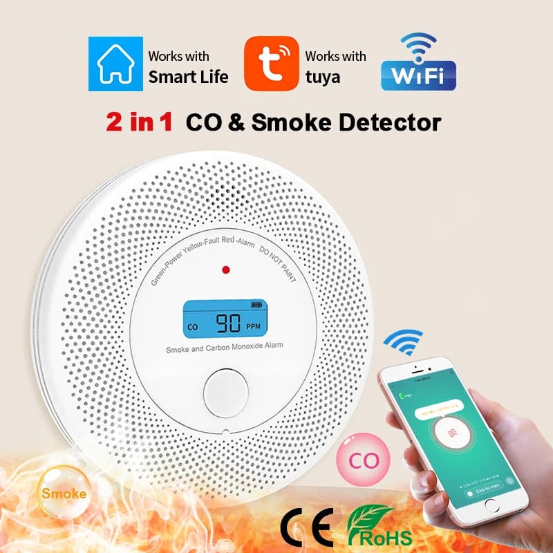 Détecteur de monoxyde de carbone WiFi Tuya Co et détecteur de fumée, écran LCD, pour salle, cuisine,