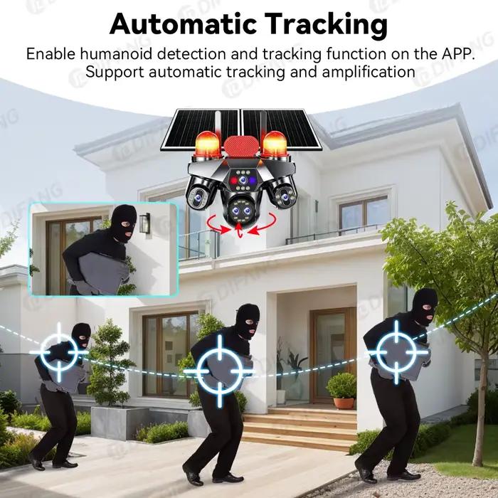 Caméra IP solaire extérieure V380 Pro 4G AOV avec suivi intelligent pour surveillance 24/7 des propriétés grandes et petites occasions spéciales surveillance de cour et jardin