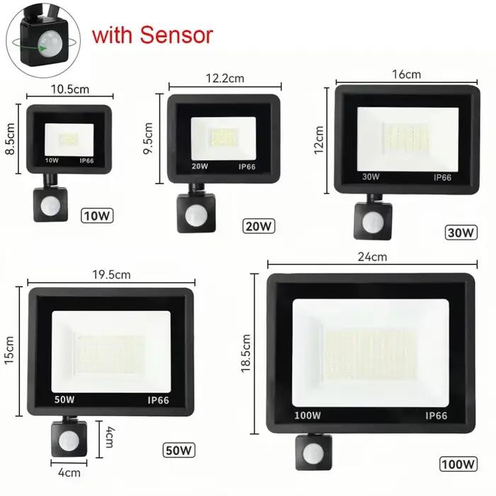 LED PIR capteur de mouvement projecteur extérieur applique murale lumière blanche 100W 50W 30W 20W 10W IP66 LED étanche