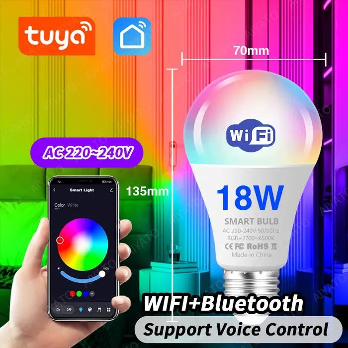 Tuya WIFI Bluetooth LED ampoule vie intelligente APP contrôle réglable 9W 18W E27 220V RGB + CW + WW changement de couleur lampes compatibles IOS/Android