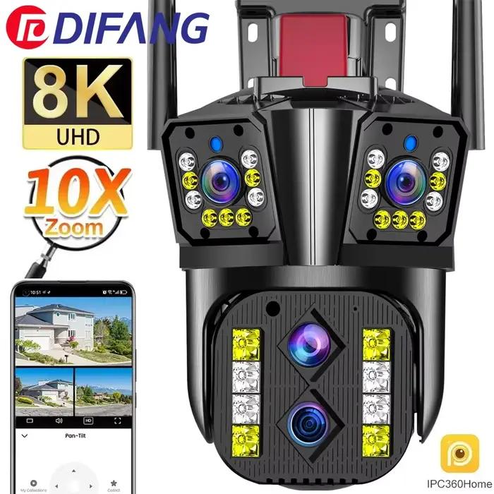 Caméra IP WiFi Extérieure 16MP 8K HD 10X Zoom Optique Suivi Automatique PTZ Quatre Objectifs Trois Ecrans Caméra Sécurité Étanche Pour Usage Intérieur et Extérieur Occasions Spéciales