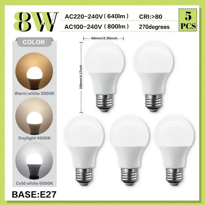 Paquet de 5 A60 A80 LED ampoule lampes E27 AC 220V ampoule puissance réelle 20W 18W 15W 12W 10W 9W 8