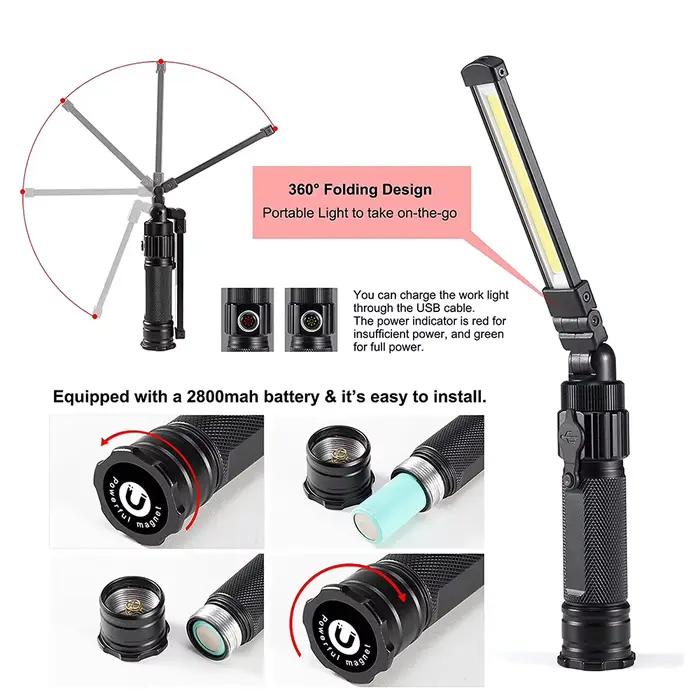 Lampe de travail pliable rechargeable lampe de poche LED ultra lumineuse avec lumière rouge 360 °