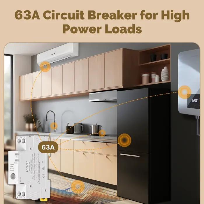 MOES Tuya Zigbee disjoncteur intelligent 63A ensemble de seuil d'alarme moniteur d'électricité V0 ignifuge