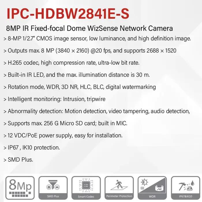 Dahua Original extérieur 8MP 4MP caméra IP IP67 IK10 Protection IR Surveillance de sécurité avec micro PoE détection humaine HDBW2841E-S