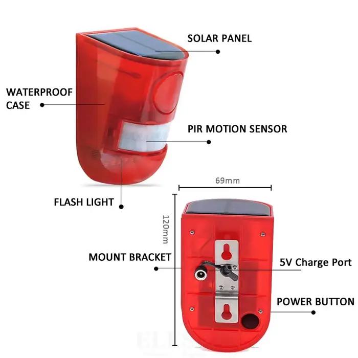Nouvelle alarme solaire de capteur de mouvement infrarouge avec la lumière stroboscopique de sirène de 110db pour le système d'alarme de sécurité de carvan de hangar de garage de maison