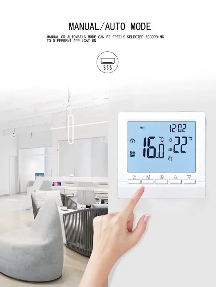 Thermostat de chambre programmable avec batterie pour contrôle de la température de chauffage à gaz, installation murale, fonction antigel, sécurité enfant, programmation hebdomadaire, sans Wi-Fi, pour usage domestique