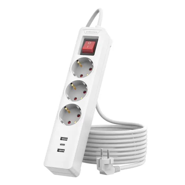 Multiprise ANRMESUN EU Blanc 6 Ports 2400W Protection Surcharges Câble Cuivre 2m Usage Général Bureau Maison