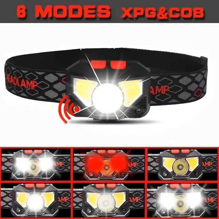 Lampe frontale 8 Modes Handfress avec capteur de mouvement puissant phare LED et chargeur USB pour camping, escalade, chasse, pêche de nuit et course
