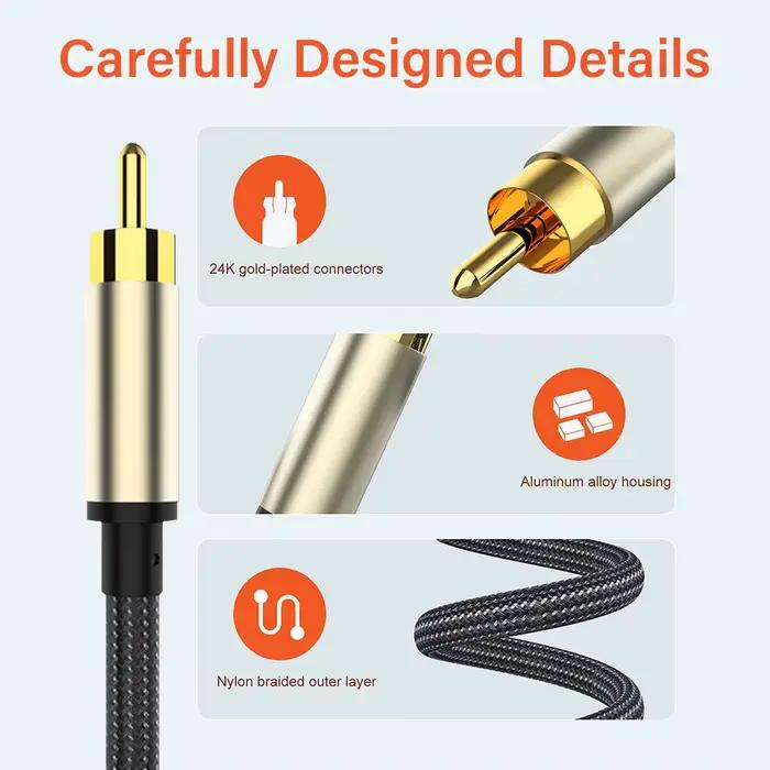 Câble coaxial SPDIF RCA vers RCA plaqué or pour amplificateur de caisson de basses console de mixage carte son boîtier TV PC de voiture prise phono stéréo HiFi 5.1