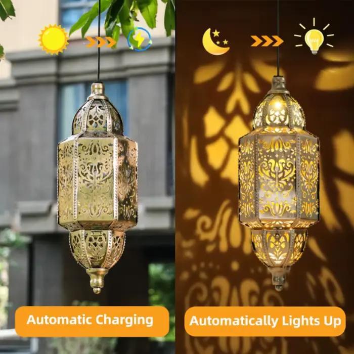 Lanterne solaire marocaine dorée avec fer forgé pour éclairage durable et ambiance chaleureuse occasions spéciales et soirées d'anniversaire