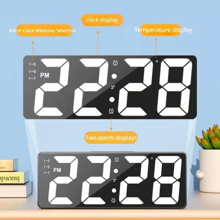 Réveil numérique LED moderne avec affichage 12/24H, surface miroir, luminosité réglable et deux ensembles d'alarmes pour décoration de maison ou cadeau spécial