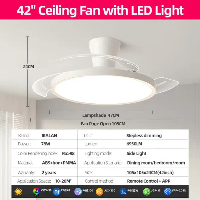 IRALAN ventilateur de plafond Invisible moderne avec lumière LED moteur à courant continu grand Volu