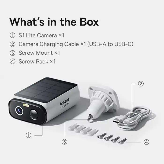 Baseus Security S1 Lite Caméra de sécurité solaire Caméra extérieure sans fil Alimentation continue