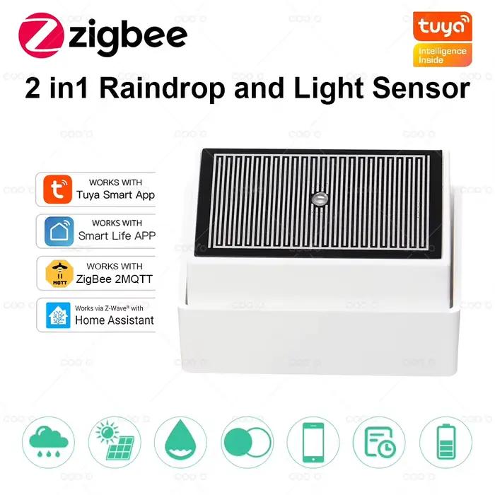 Capteur de pluie Tuya Zigbee 2 en 1 détecteur de lumière extérieur étanche IPX4 pour jardins terrasses et sécurité lumineuse智能家居外置雨水和光照传感器,结合了实时监控雨水和光照强度的功能,适用于保护花园、露台和其他室外空间的安全与舒适。