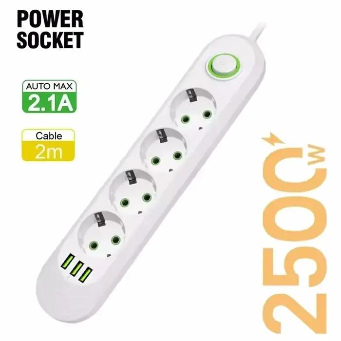 Multiprise 2500W avec 3 Ports USB Prise Combinée Câble d'Extension de 2m Charge Rapide Prise Combinaison Plastique Résistant au Feu Installation Murale Occasions Spéciales