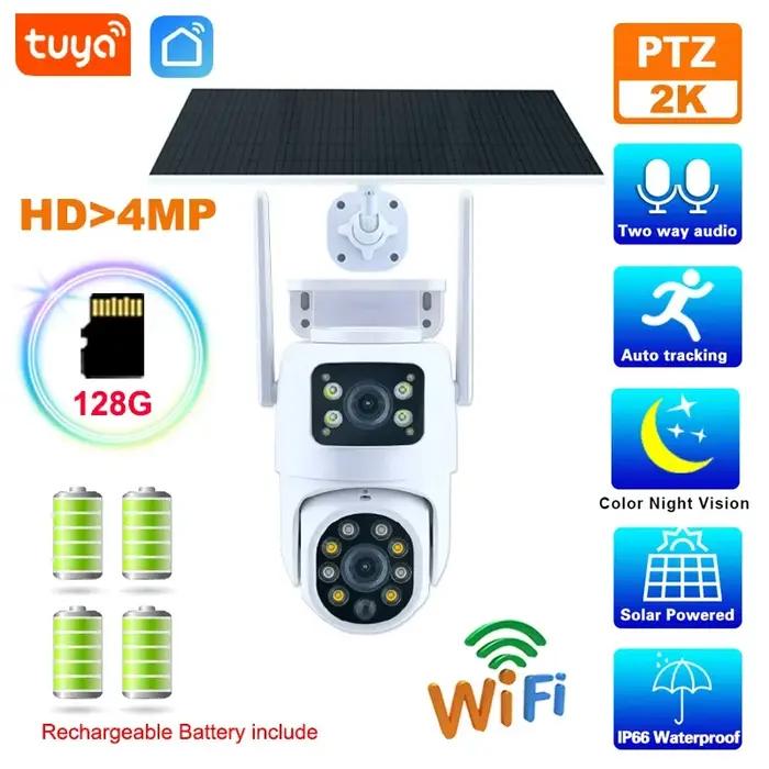 Caméra solaire WiFi Tuya double objectif résistante aux intempéries pour surveillance extérieure haute définition système de sécurité sans fil pour propriété et entreprise