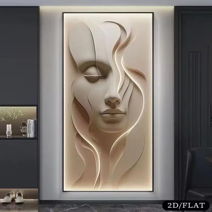 2D plat, 1 pièce grande peinture sur toile de visage abstrait moderne sans cadre-illusion 3D texturé