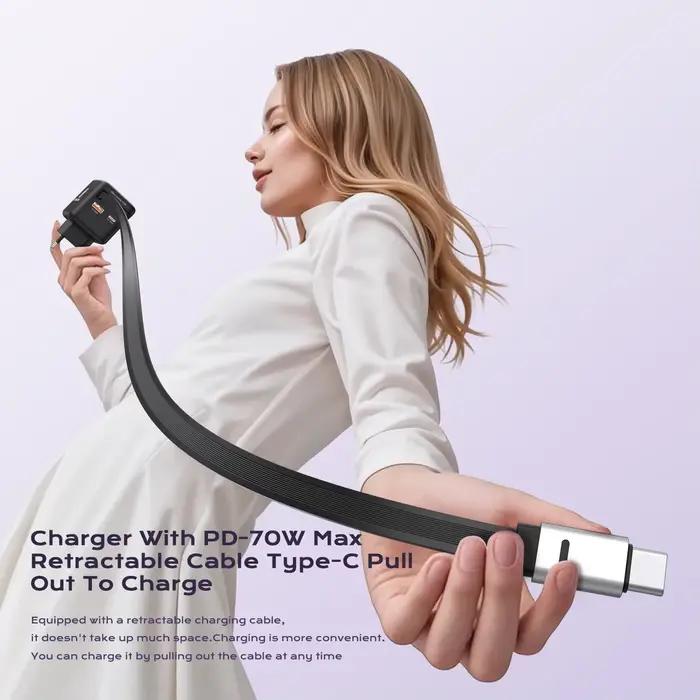 Chargeur GaN rapide 70W avec câble rétractable pour iPhone 16 15 14 Xiaomi tablette et ordinateur portable occasions quotidiennes spéciales