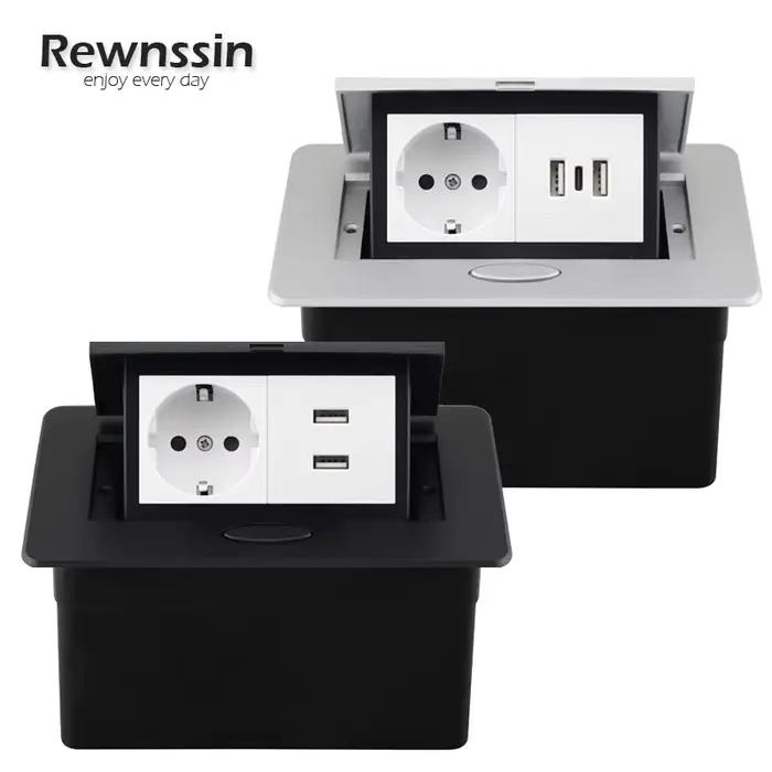 Prise de bureau noire argent blanche avec double interfaces USB et Type C, style debout pour bureau moderne, usage général, installation encastrée dans le mur, classe de protection IP 00, certifiée CE