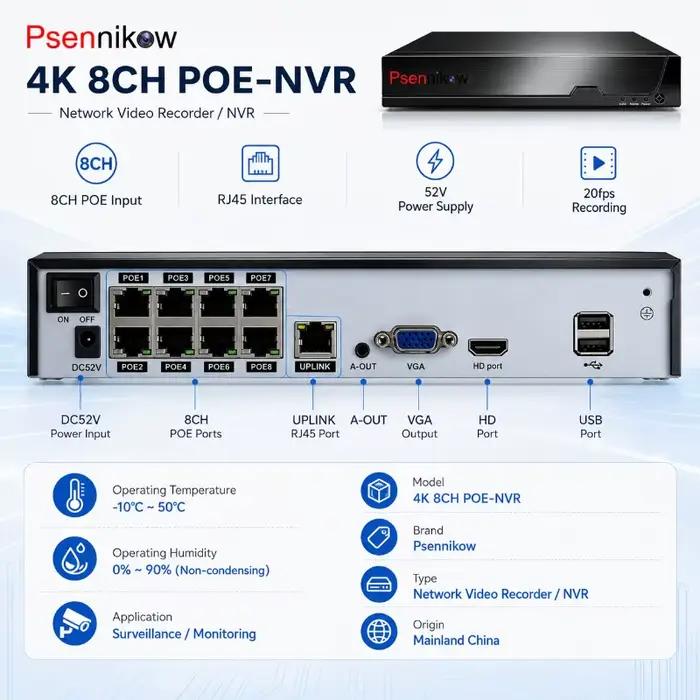 Système de surveillance vidéo CCTV intelligent Psennikow Tuya NVR H.265 8CH PoE 8MP avec caméra IP