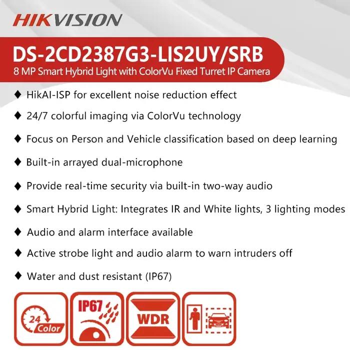 Caméra de sécurité Hikvision 8MP 4K à double éclairage ColorVu3.0 AcuSense3.0 avec audio bidirectionnel pour surveillance résidentielle et commerciale occasions spéciales