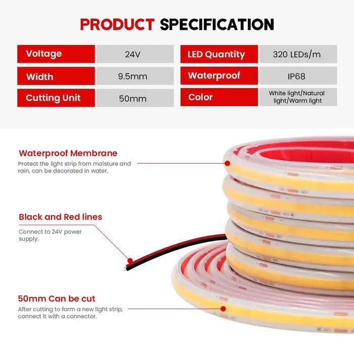 Bande lumineuse LED COB étanche IP68, 12V 24V, 320 diodes/m, haute luminosité, RA90, Flexible, pour