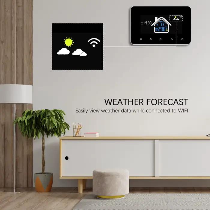 Thermostat Intelligent Wi-Fi Contrôle App Commande Vocale Prévisions Météo Mode Manuel Auto Affichage Température Celsius Fahrenheit Programmable Hebdos Modes Horaire Économies Énergie Occasions Spéciales