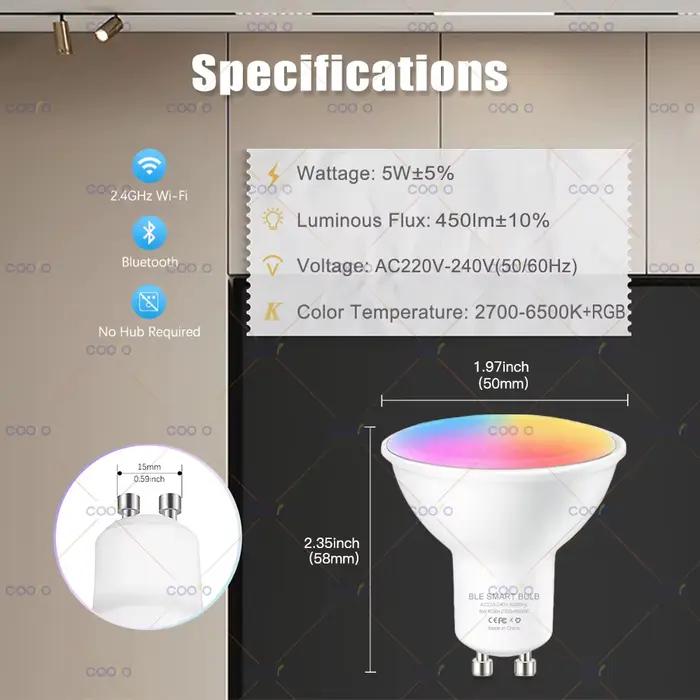 COOLO GU10 Tuya WiFi ampoule LED intelligente Bluetooth lampes à intensité variable vie