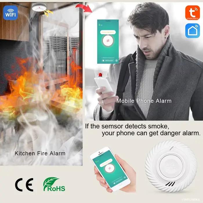 Détecteur de fumée Tuya avec fonction WiFi intégrée 10 ans de batterie pour la sécurité de la maison salon cuisine magasin alarme incendie capteur de fumée