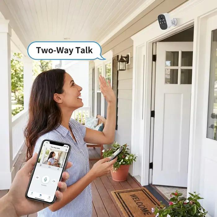 Caméra de sécurité solaire 2K 3MP avec détection de mouvement AI, audio bidirectionnel, vision nocturne couleur, stockage SD/Cloud, idéale pour la sécurité extérieure des maisons et entreprises