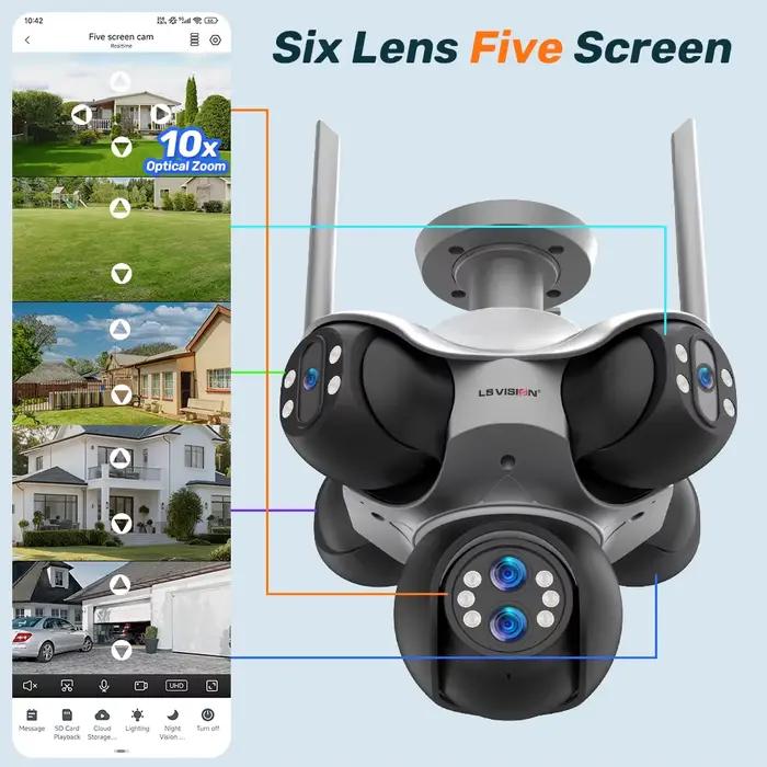 LS VISION Wifi PTZ caméra de sécurité panoramique extérieure 6 objectifs 5 écrans couleur nuit CCTV caméras de Surveillance vidéo sans fil 30MP