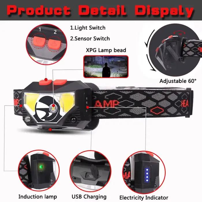8 Modes Handfress capteur de mouvement puissant phare LED lampe frontale COB lampe de poche torche l