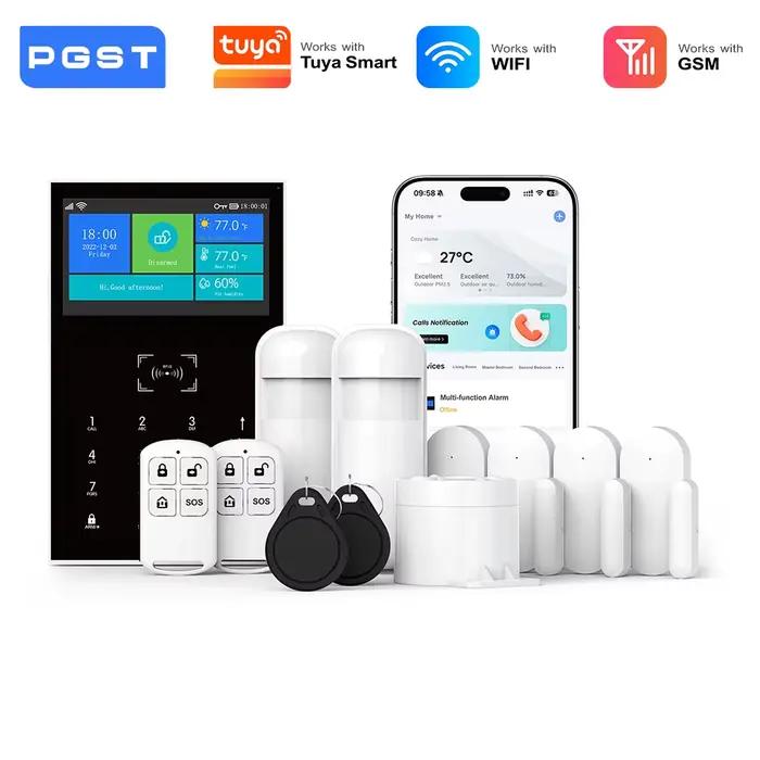 PGST pack alarme sécurité anti intrusion WiFi 2G GSM Works with Tuya Smart Life dispositif sans fil intelligent pour habitation magasin bureau capteurs de mouvement configuration simple utilisation qu