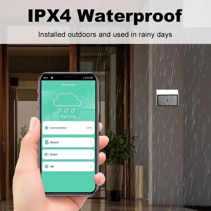 Capteur de pluie Tuya Zigbee 2 en 1 détecteur de lumière extérieur étanche IPX4 pour jardins terrasses et sécurité lumineuse智能家居外置雨水和光照传感器,结合了实时监控雨水和光照强度的功能,适用于保护花园、露台和其他室外空间的安全与舒适。