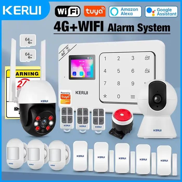 Système d'alarme KERUI compatible avec Alexa, sécurité de maison intelligente, protection anti-cambriolage sans fil 4G/WiFi, capteur de mouvement PIR pour 99 zones, contrôle via application Tuya Smart