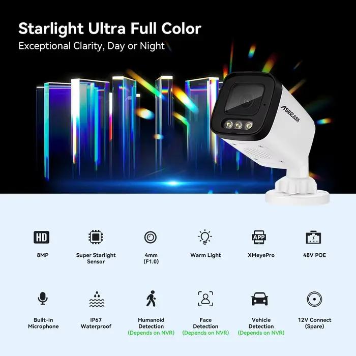 ASECAM 4K Super lumière étoilée Camera Surveillance Extérieure Aurora Lux véritable Vision nocturne couleur F1.0