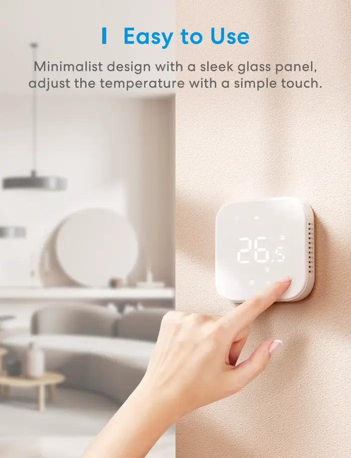 Thermostat Meross Matter version européenne MTS215/MTS215B pour système de chauffage électrique ou à chaudière/eau compatible avec Homekit Alexa minimalistes élégants pour contrôle de température智能家居恒温器美乐斯Matter欧洲版MTS215/MTS215B适用于电暖系统或锅炉/水地暖系统与Homekit和Alexa兼容的极简主义优雅恒温器
