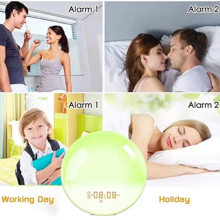 Réveil levé du soleil avec simulation du lever du soleil, réveil lumineux, horloge numérique avec veilleuse, radio FM, horloges de bureau pour une transition douce du sommeil à l'éveil