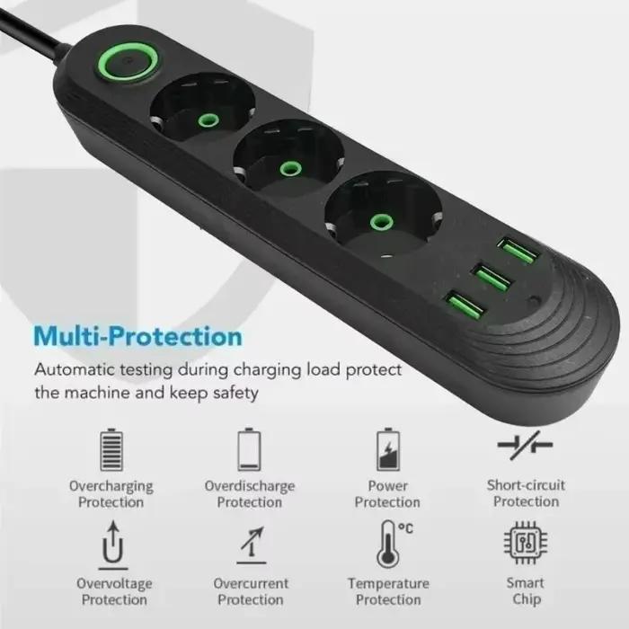 Multiprise 2500W avec Prise EU, Filtre Réseau, Ports USB pour Recharge, Protection Contre Surcharges, Prise avec Prise, Haute Tension, Câble 2M, Intégrale Protection Sécurité Élégante Occasions Spéciales
