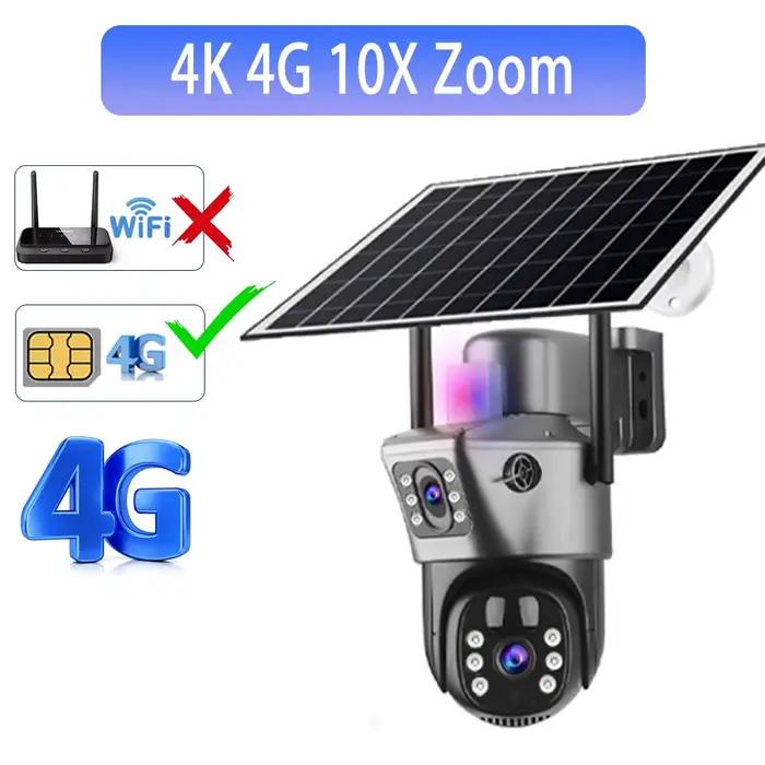 Caméra de Surveillance extérieure solaire 4G Sim 6K 12MP trois objectifs 10 Zoom numérique sans fil