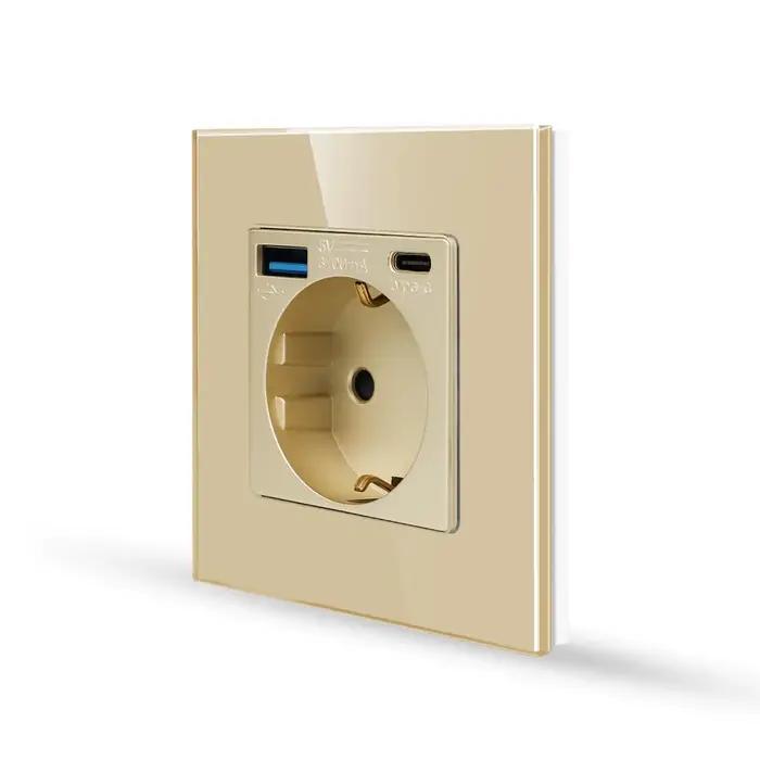 Prise murale simple avec ports USB de type C 20W en verre double prises électriques triples prises de courant et interrupteur tactile 16A or pour usage résidentiel et général occassions spéciales