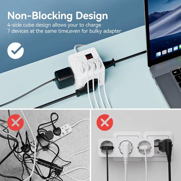 Multiprise UE 7 en 1 Protection Contre Les Surtensions Rallonge De 1 5m 3 Prises CA 3 USB 1 Type C Charge De Bureau Chronometree Occasions Speciales Bureau Salon Chambre Ordinateur