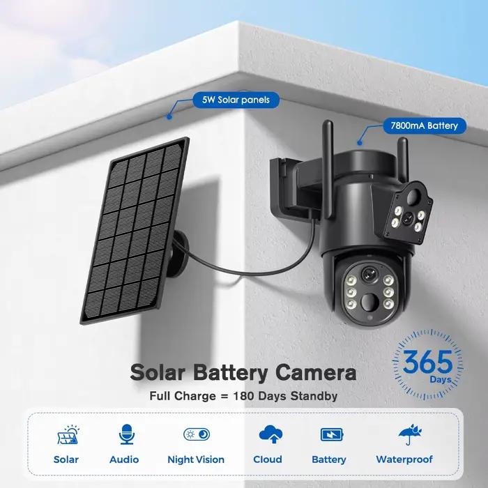 Caméra WiFi solaire 8MP avec batterie 7800 mAh double objectif 5X Zoom numérique extérieur