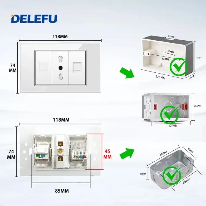 DELEFU panneau de verre blanc norme italienne 118*74mm TEL CAT5E CAT6 prise murale Satellite TV