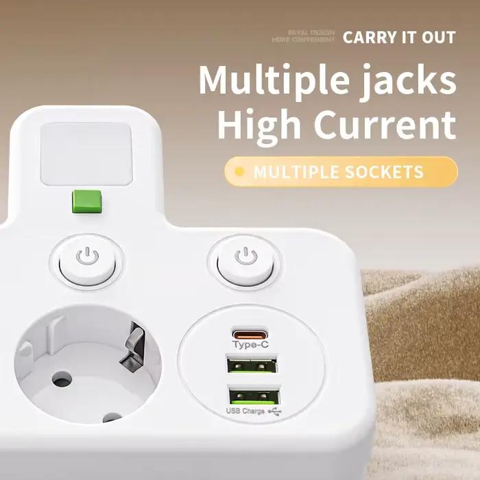 Prise ue multiprise avec 3 ports USB incluant un port Type-C pour bureau à domicile - Compatible UE - Chargeur mural intelligent - Design moderne et résistant