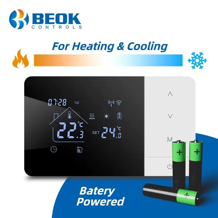 Beok Tuya Thermostat de chauffage/refroidissement pour chaudière à gaz Maison intelligente Thermorégulateur alimenté par batterie Programmation quotidienne Fonctionne avec Alexa