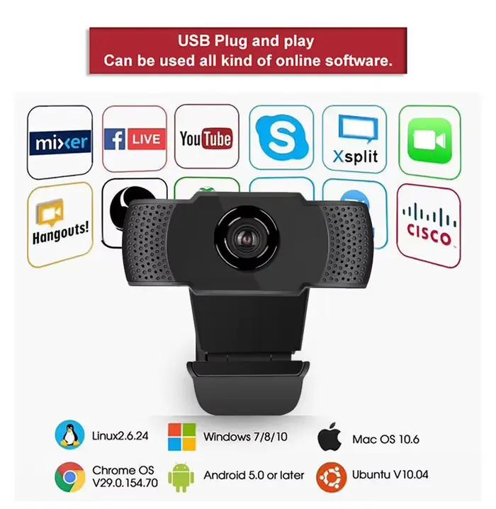 Nouveau Webcam 1080P caméra Web Full HD avec lumière de remplissage LED Microphone prise USB